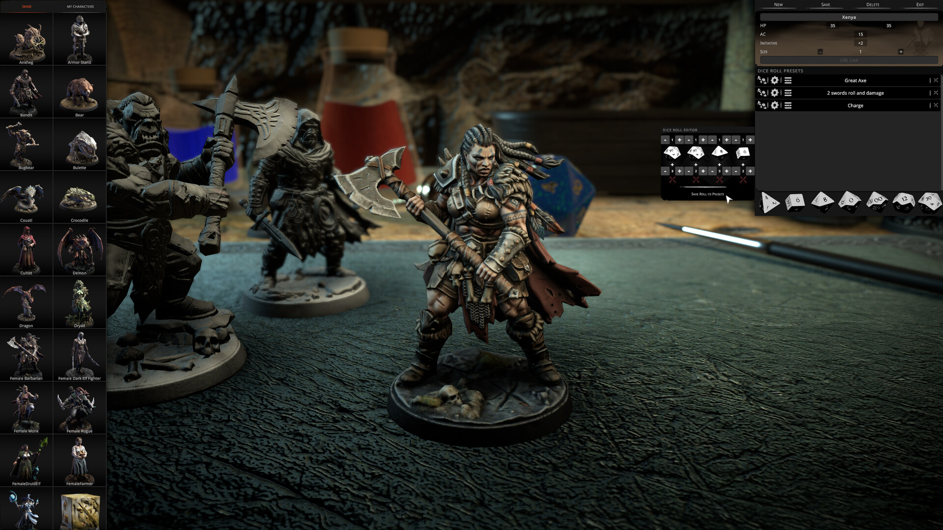 A barbarian miniature next to the dice roll editor and saved presets